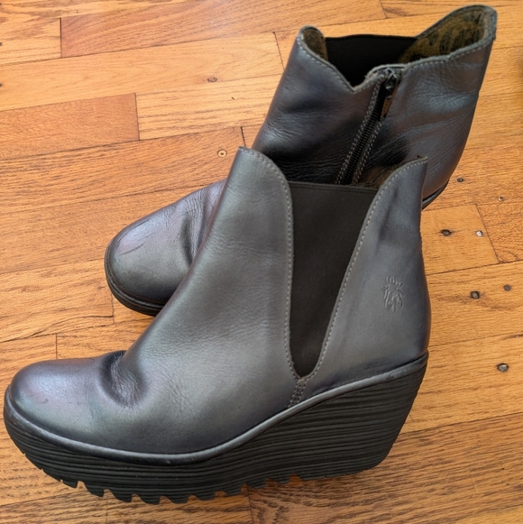 Fly London Shoes - Fly London Silvery Blue Leather Ankle Wedge Boots